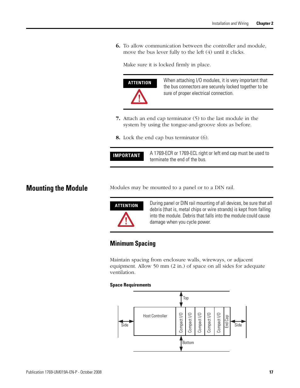 Mounting the module, Minimum spacing | Rockwell Automation 1769-IF4FXOF2F Compact Combination Fast Analog I/O Module User Manual | Page 17 / 94