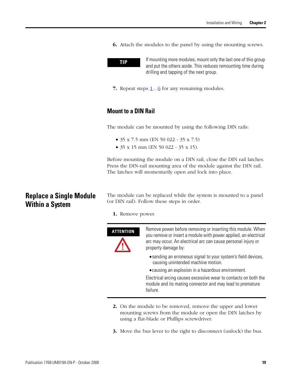 Replace a single module within a system, Mount to a din rail, Replace a | Rockwell Automation 1769-IF4FXOF2F Compact Combination Fast Analog I/O Module User Manual | Page 19 / 94