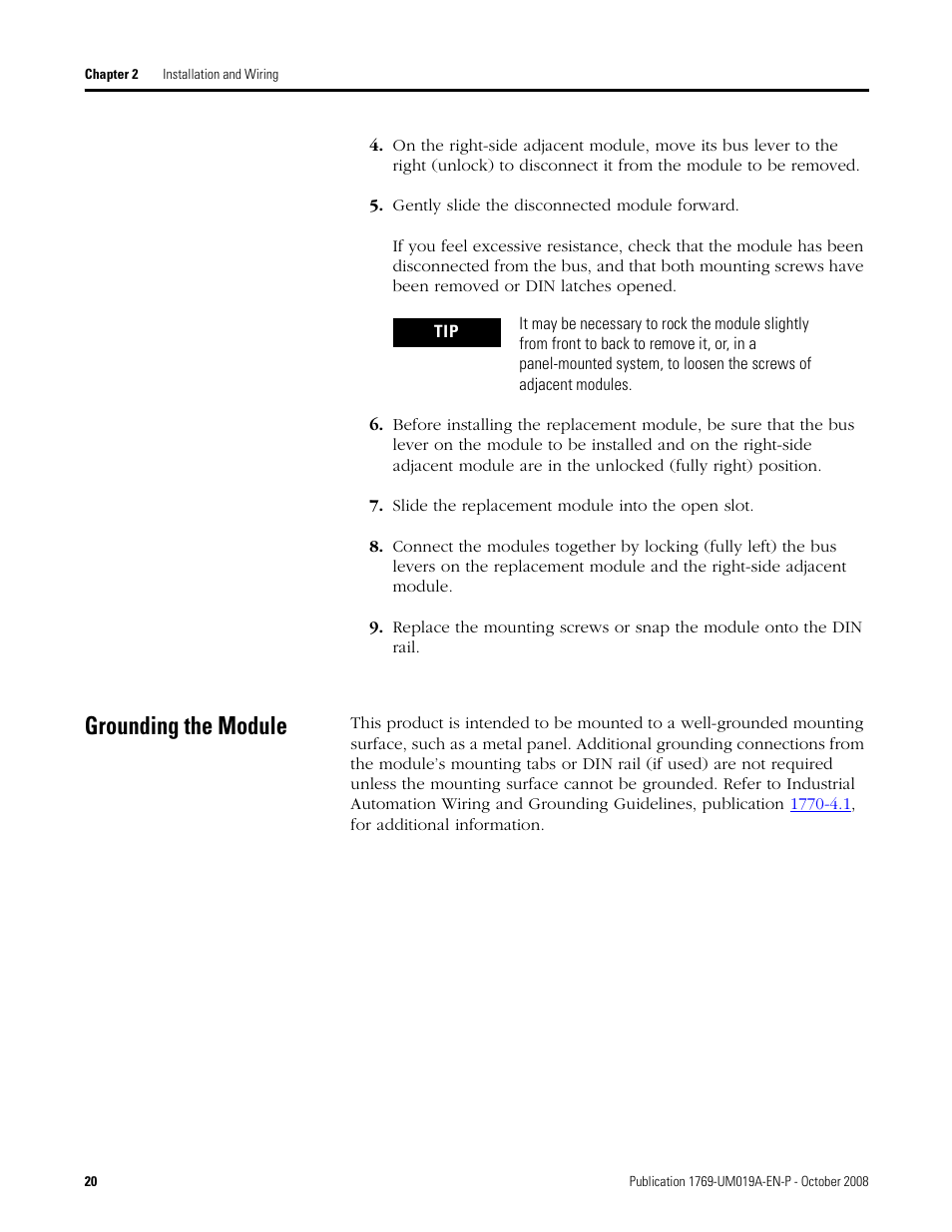 Grounding the module | Rockwell Automation 1769-IF4FXOF2F Compact Combination Fast Analog I/O Module User Manual | Page 20 / 94