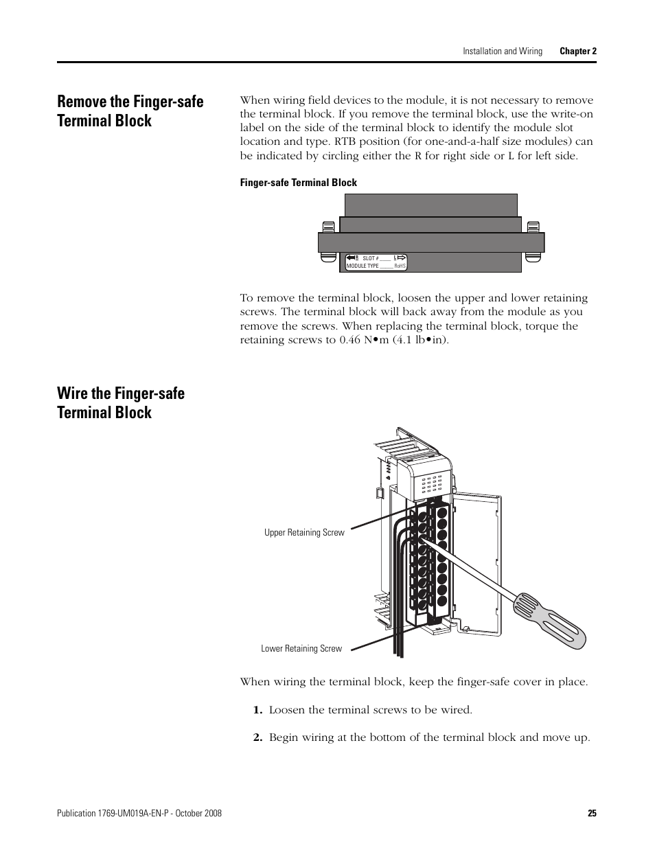 Remove the finger-safe terminal block, Wire the finger-safe terminal block | Rockwell Automation 1769-IF4FXOF2F Compact Combination Fast Analog I/O Module User Manual | Page 25 / 94
