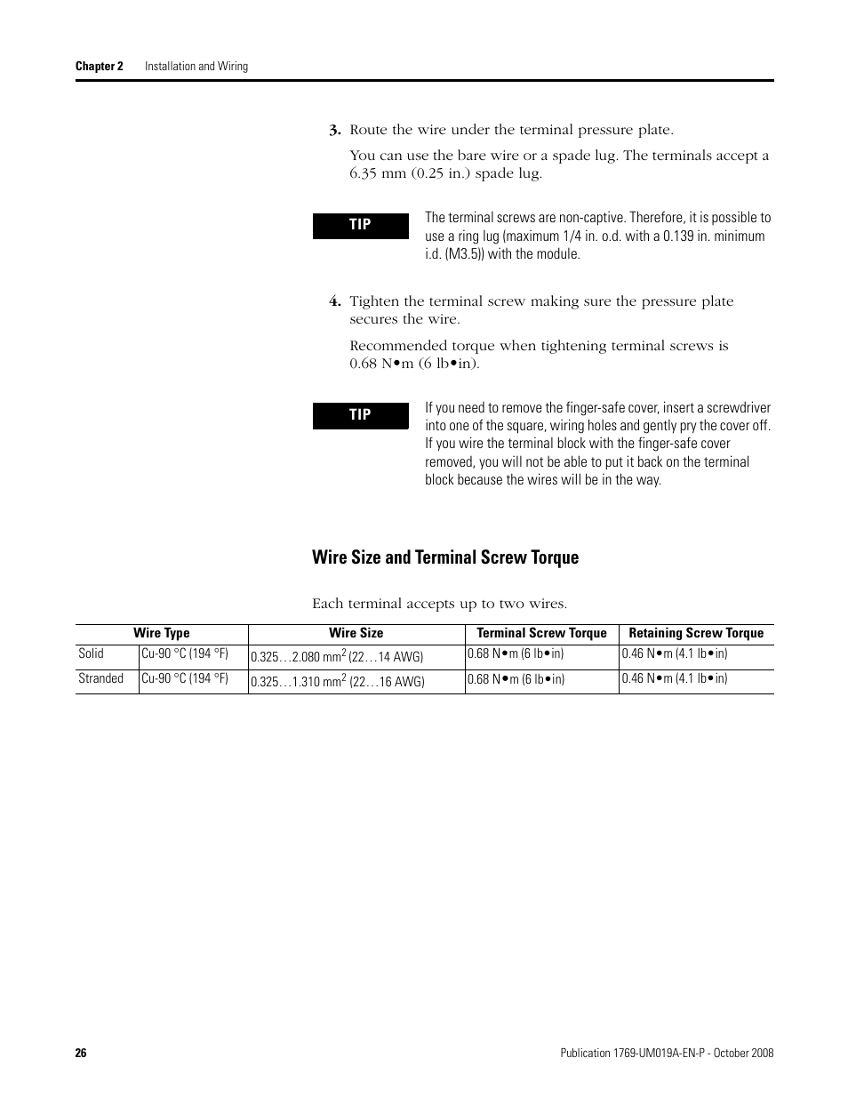 Wire size and terminal screw torque | Rockwell Automation 1769-IF4FXOF2F Compact Combination Fast Analog I/O Module User Manual | Page 26 / 94