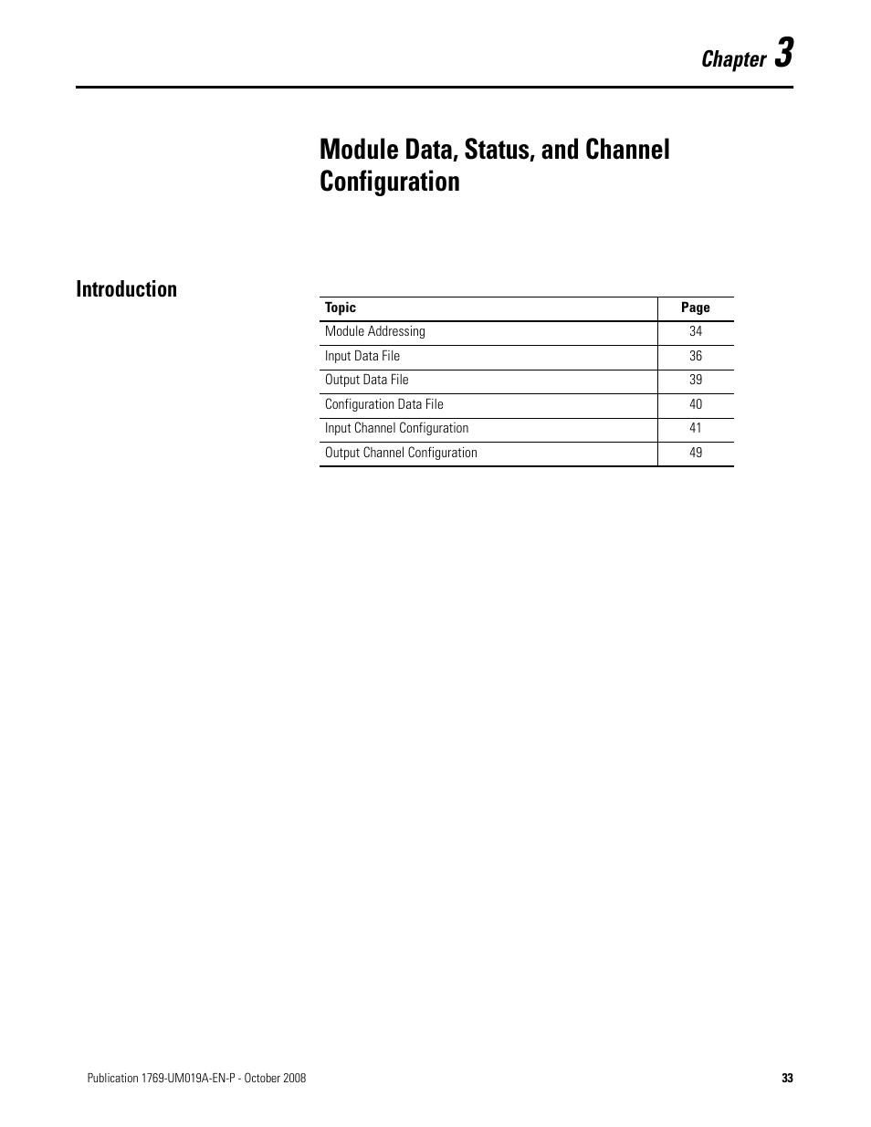 3 - module data, status, and channel configuration, Introduction, Chapter 3 | Module data, status, and channel configuration, Chapter | Rockwell Automation 1769-IF4FXOF2F Compact Combination Fast Analog I/O Module User Manual | Page 33 / 94