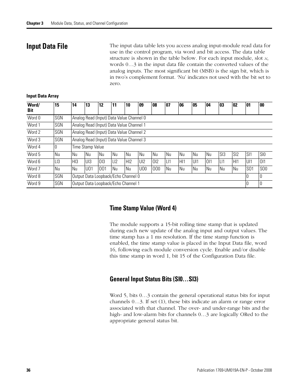 Input data file, Time stamp value (word 4), General input status bits (si0…si3) | Rockwell Automation 1769-IF4FXOF2F Compact Combination Fast Analog I/O Module User Manual | Page 36 / 94