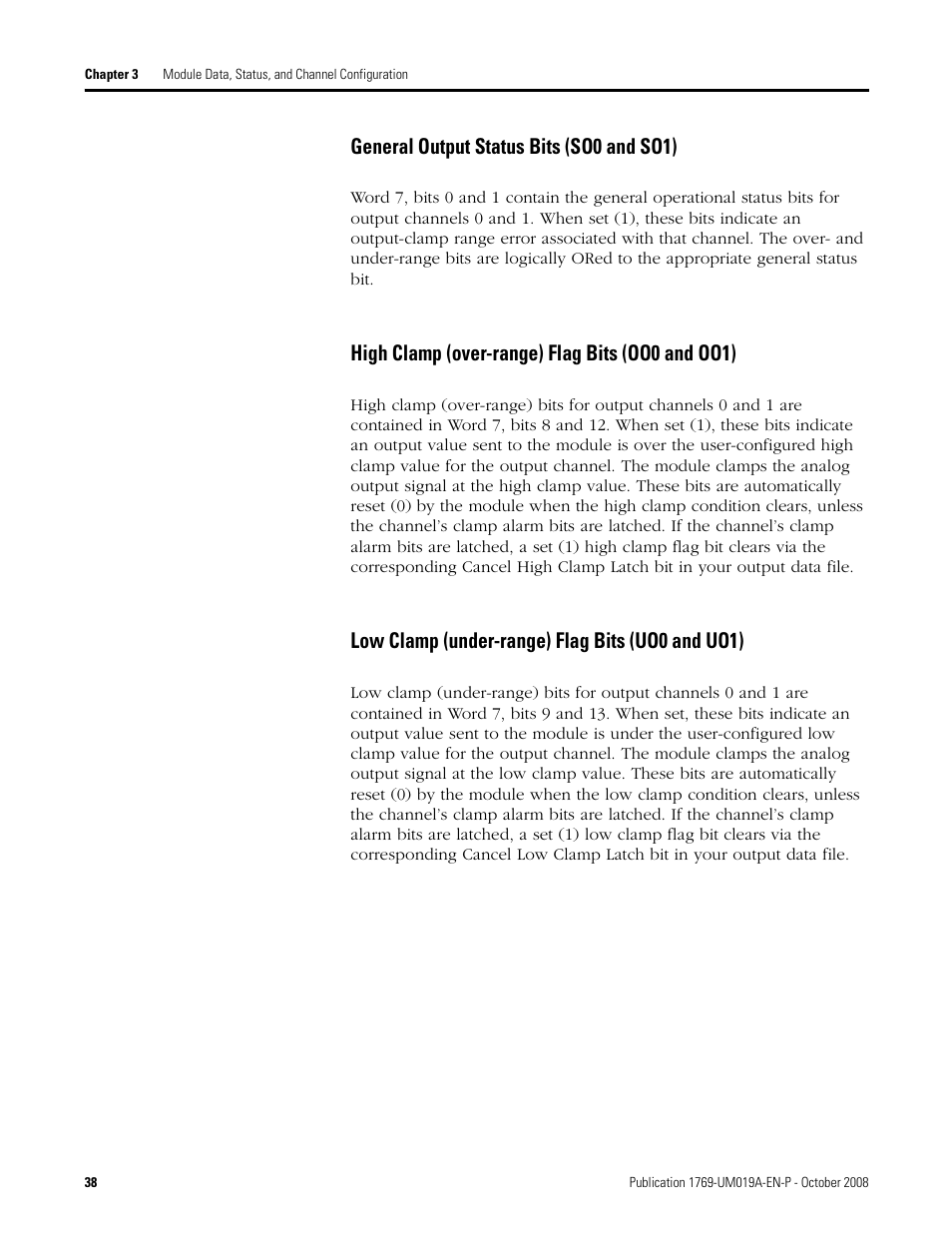 General output status bits (so0 and so1), High clamp (over-range) flag bits (oo0 and oo1), Low clamp (under-range) flag bits (uo0 and uo1) | Rockwell Automation 1769-IF4FXOF2F Compact Combination Fast Analog I/O Module User Manual | Page 38 / 94