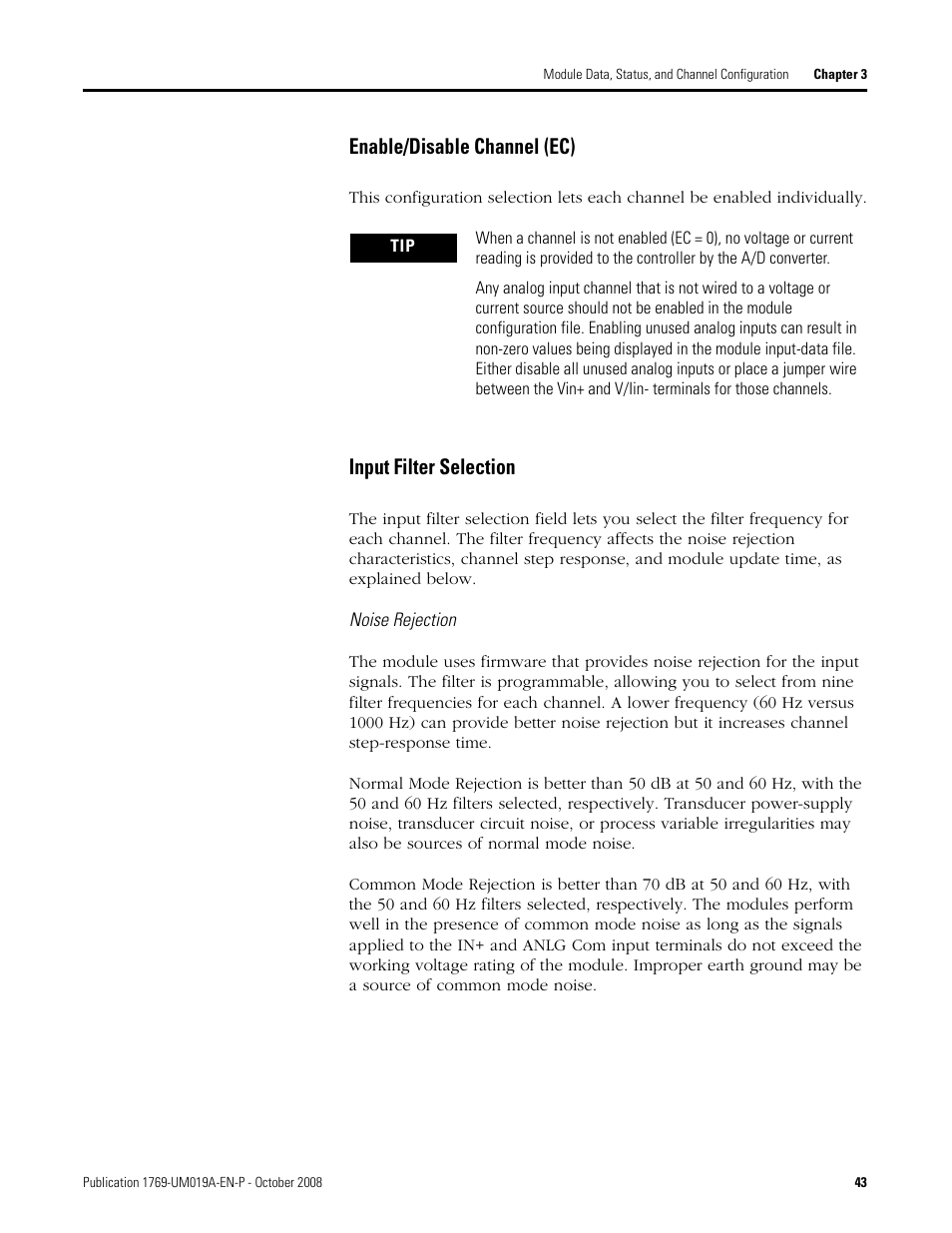 Enable/disable channel (ec) input filter selection, Enable/disable channel (ec), Input filter selection | Rockwell Automation 1769-IF4FXOF2F Compact Combination Fast Analog I/O Module User Manual | Page 43 / 94