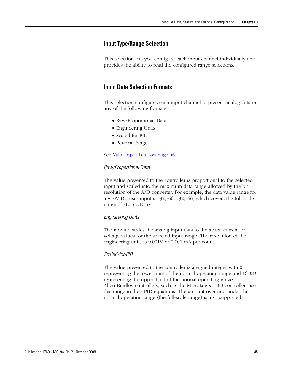 Input type/range selection, Input data selection formats | Rockwell Automation 1769-IF4FXOF2F Compact Combination Fast Analog I/O Module User Manual | Page 45 / 94