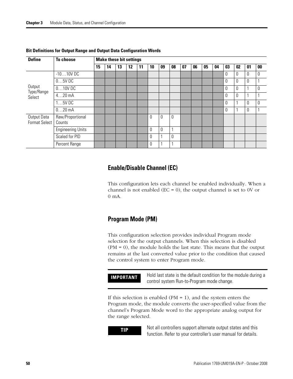 Enable/disable channel (ec) program mode (pm), Enable/disable channel (ec), Program mode (pm) | Rockwell Automation 1769-IF4FXOF2F Compact Combination Fast Analog I/O Module User Manual | Page 50 / 94
