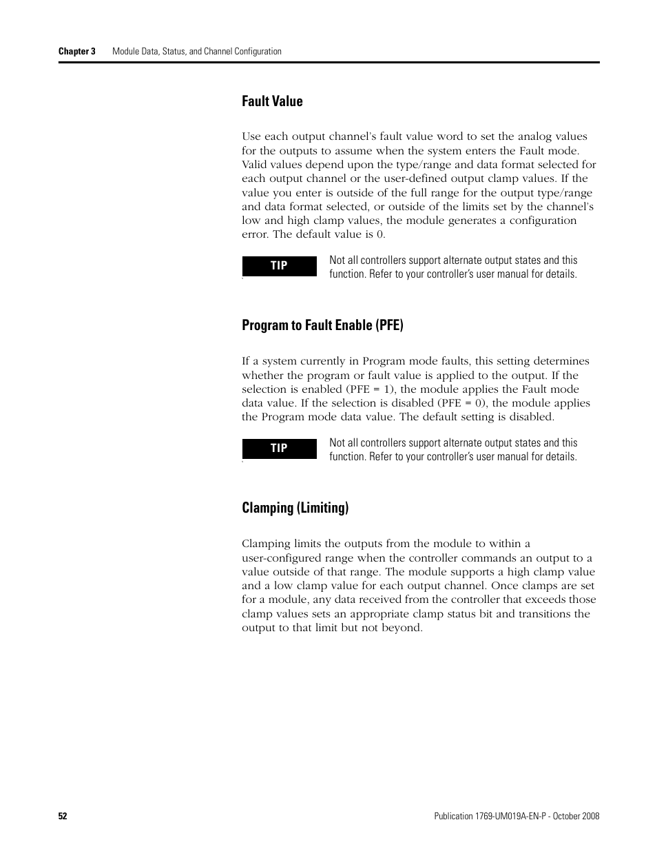 Fault value, Program to fault enable (pfe), Clamping (limiting) | Rockwell Automation 1769-IF4FXOF2F Compact Combination Fast Analog I/O Module User Manual | Page 52 / 94