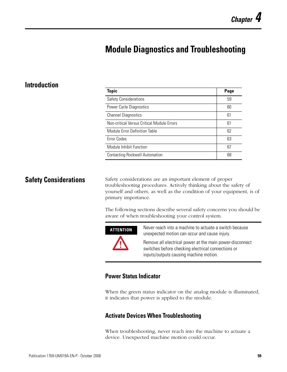 4 - module diagnostics and troubleshooting, Introduction, Safety considerations | Chapter 4, Module diagnostics and troubleshooting, Introduction safety considerations, Chapter | Rockwell Automation 1769-IF4FXOF2F Compact Combination Fast Analog I/O Module User Manual | Page 59 / 94