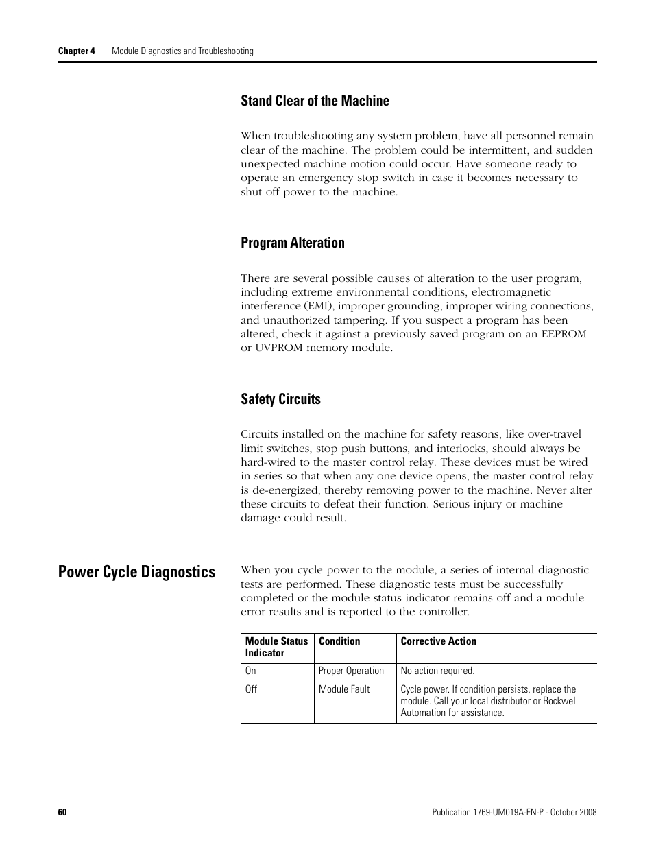 Power cycle diagnostics, Stand clear of the machine, Program alteration | Safety circuits | Rockwell Automation 1769-IF4FXOF2F Compact Combination Fast Analog I/O Module User Manual | Page 60 / 94