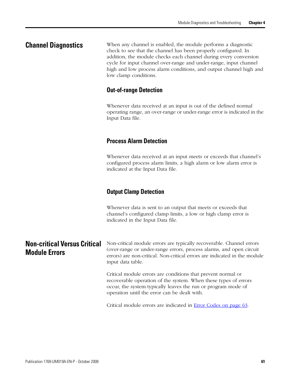 Channel diagnostics, Non-critical versus critical module errors | Rockwell Automation 1769-IF4FXOF2F Compact Combination Fast Analog I/O Module User Manual | Page 61 / 94