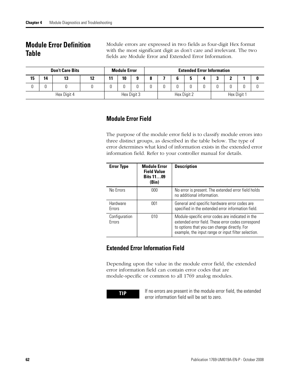 Module error definition table, Module error field, Extended error information field | Rockwell Automation 1769-IF4FXOF2F Compact Combination Fast Analog I/O Module User Manual | Page 62 / 94
