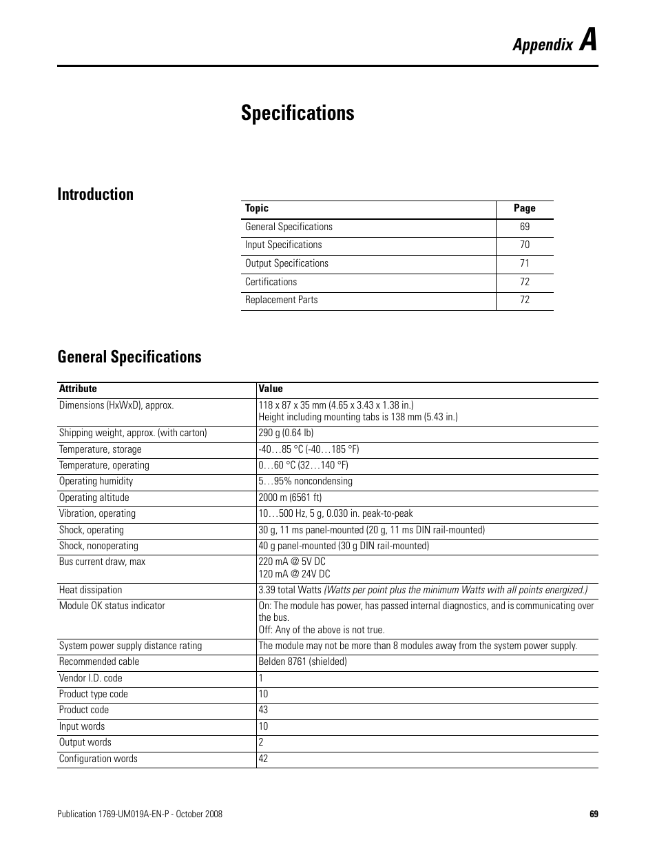A - specifications, Introduction, General specifications | Appendix a, Specifications, Introduction general specifications, Appendix | Rockwell Automation 1769-IF4FXOF2F Compact Combination Fast Analog I/O Module User Manual | Page 69 / 94