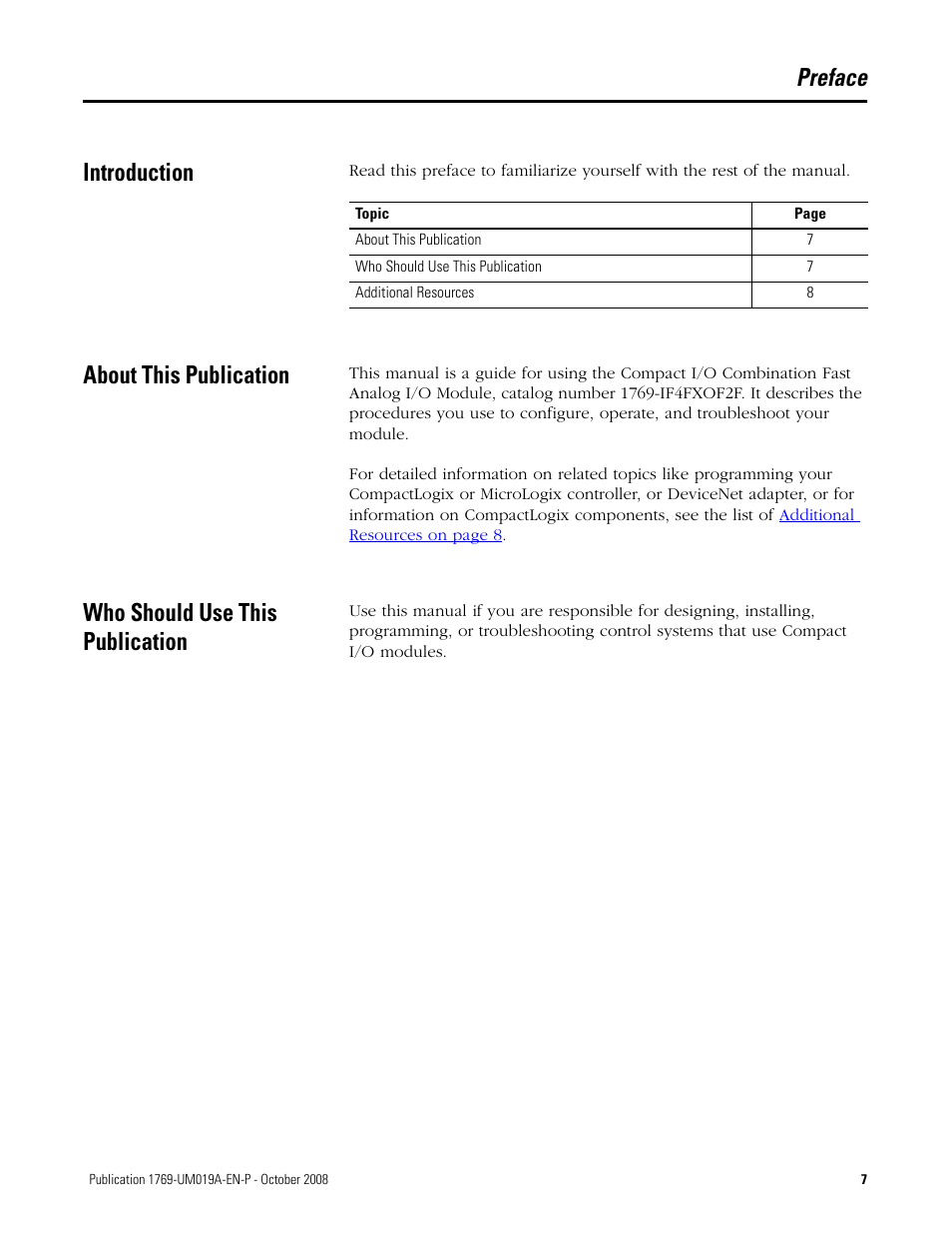 Preface, Introduction, About this publication | Who should use this publication, Preface introduction | Rockwell Automation 1769-IF4FXOF2F Compact Combination Fast Analog I/O Module User Manual | Page 7 / 94