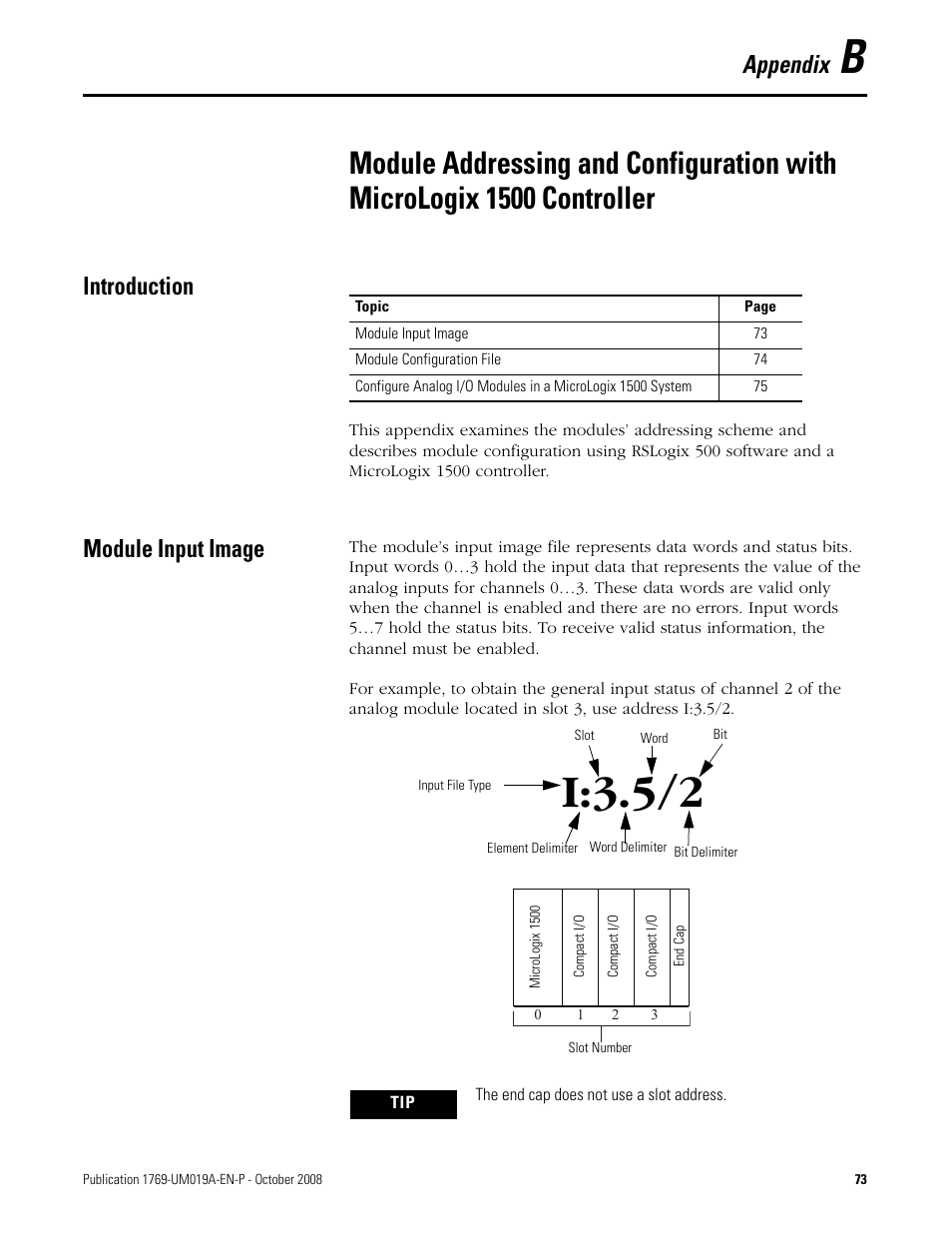 Introduction, Module input image, Appendix b | Introduction module input image, I:3.5/2, Appendix | Rockwell Automation 1769-IF4FXOF2F Compact Combination Fast Analog I/O Module User Manual | Page 73 / 94