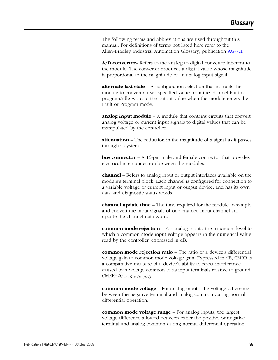 Glossary | Rockwell Automation 1769-IF4FXOF2F Compact Combination Fast Analog I/O Module User Manual | Page 85 / 94