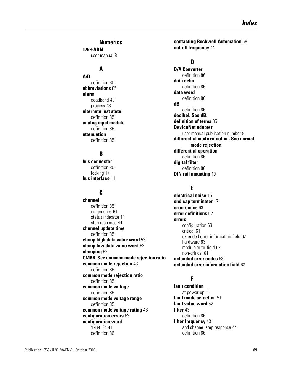 Index, Numerics | Rockwell Automation 1769-IF4FXOF2F Compact Combination Fast Analog I/O Module User Manual | Page 89 / 94