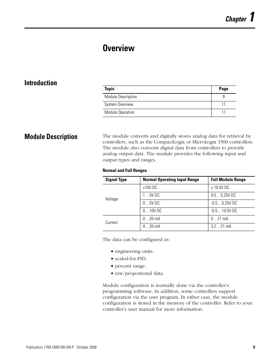 1 - overview, Introduction, Module description | Chapter 1, Overview, Introduction module description, Chapter | Rockwell Automation 1769-IF4FXOF2F Compact Combination Fast Analog I/O Module User Manual | Page 9 / 94