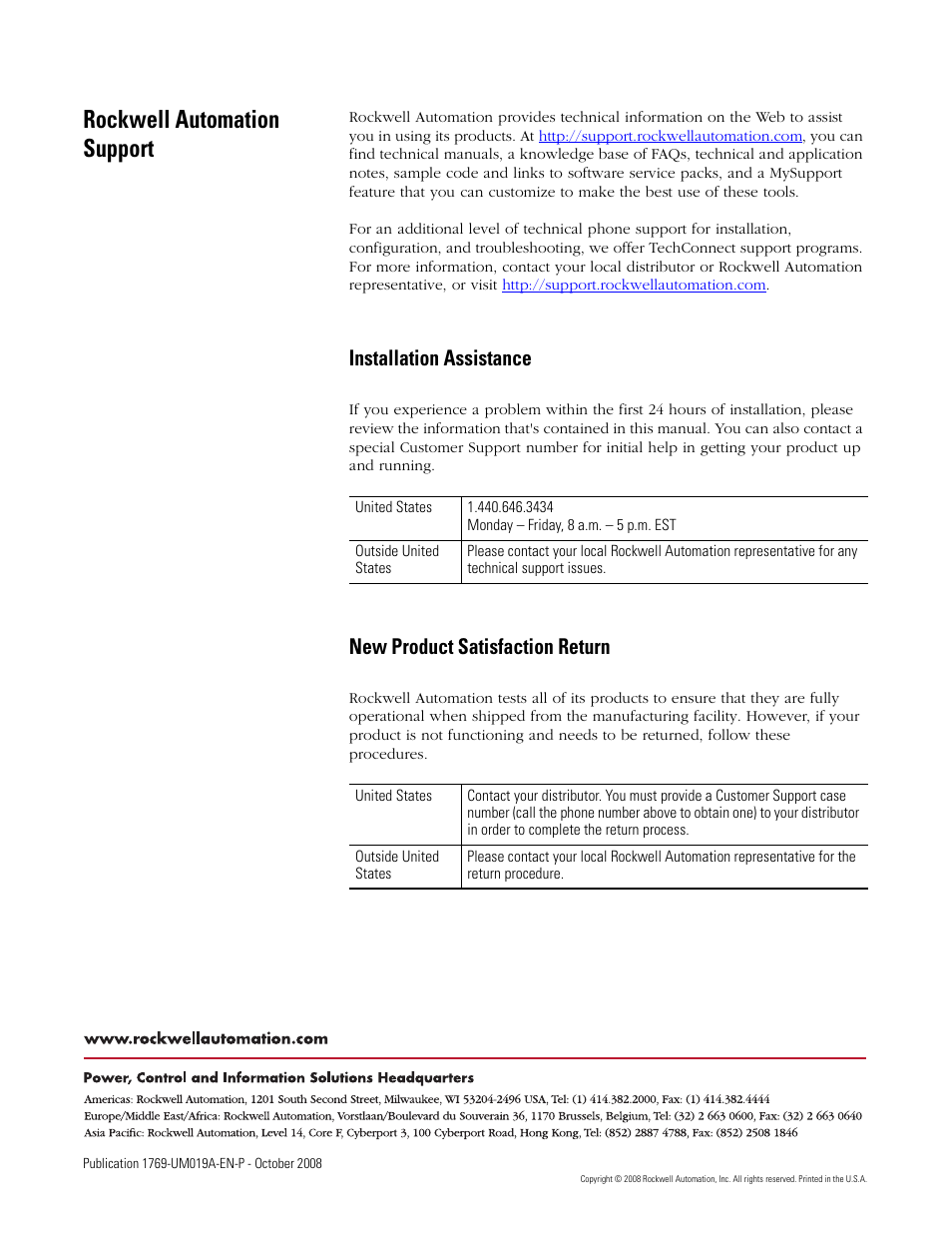 Rockwell automation support, Installation assistance, New product satisfaction return | Rockwell Automation 1769-IF4FXOF2F Compact Combination Fast Analog I/O Module User Manual | Page 94 / 94