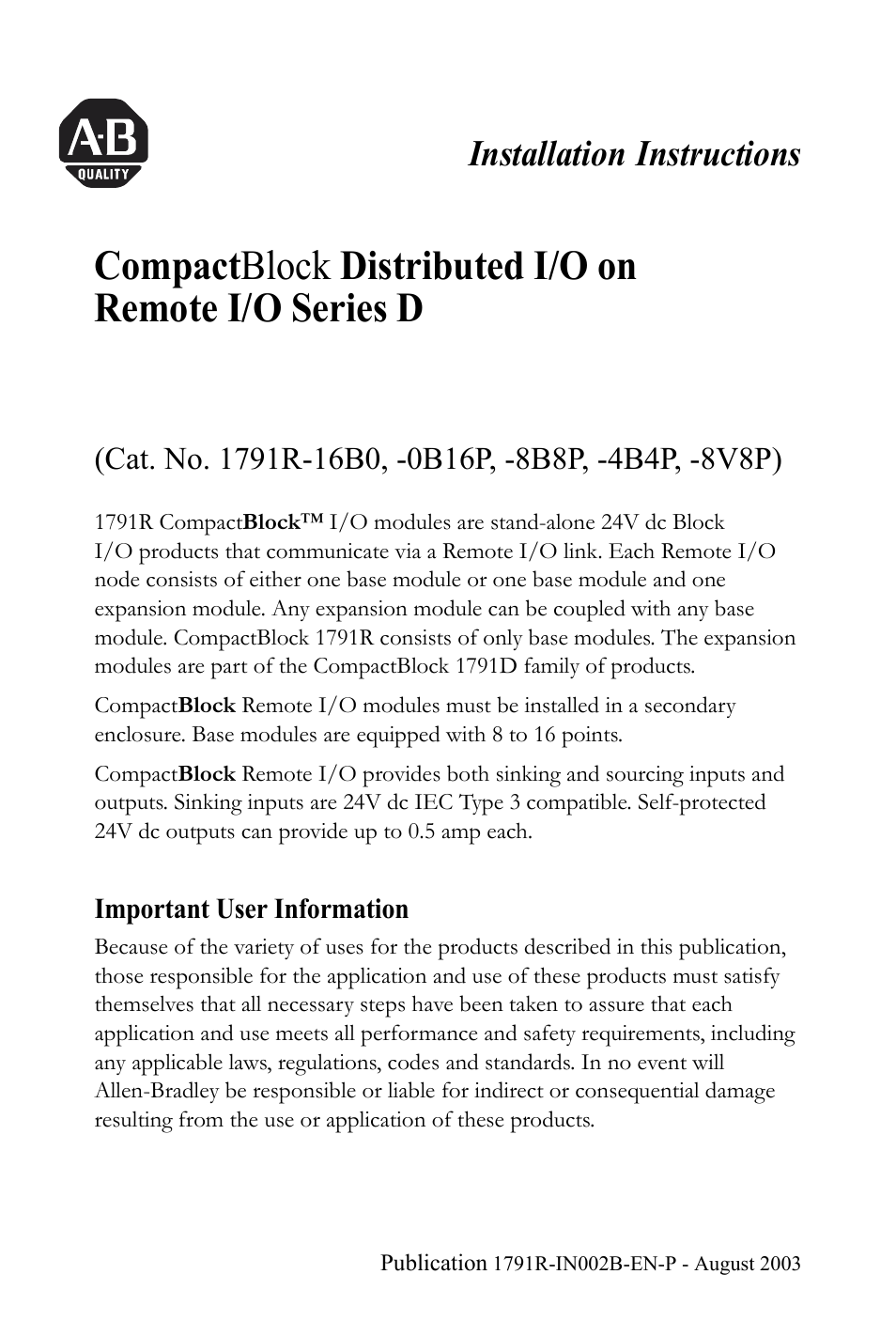 Rockwell Automation 1791R-XXXX CompactBlock Distributed I/O on Remote I/O Series D I.I. User Manual | 36 pages