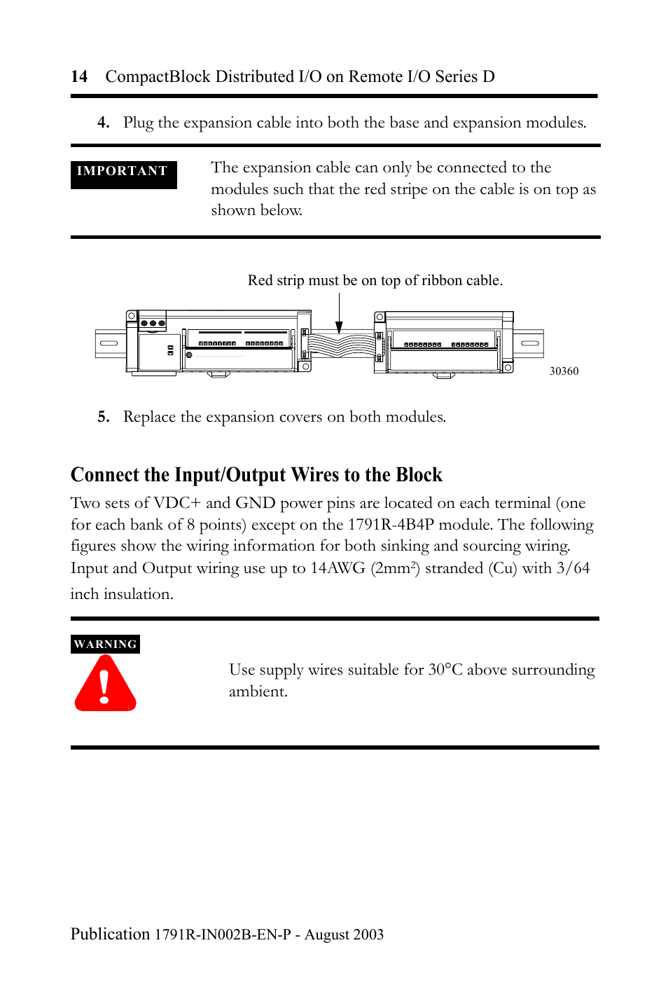 Connect the input/output wires to the block, Stranded (cu) with 3/64 inch insulation | Rockwell Automation 1791R-XXXX CompactBlock Distributed I/O on Remote I/O Series D I.I. User Manual | Page 14 / 36