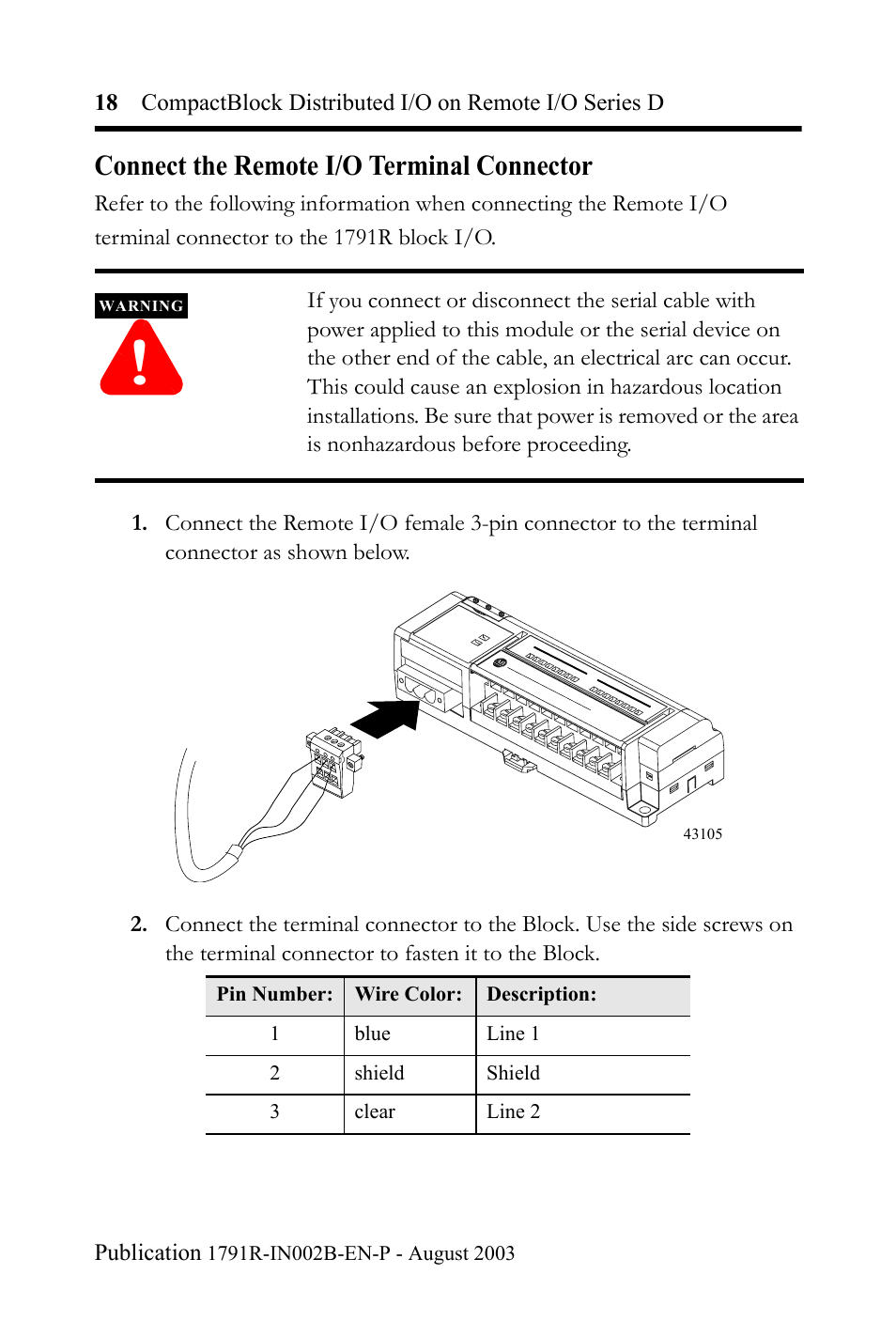Connect the remote i/o terminal connector | Rockwell Automation 1791R-XXXX CompactBlock Distributed I/O on Remote I/O Series D I.I. User Manual | Page 18 / 36
