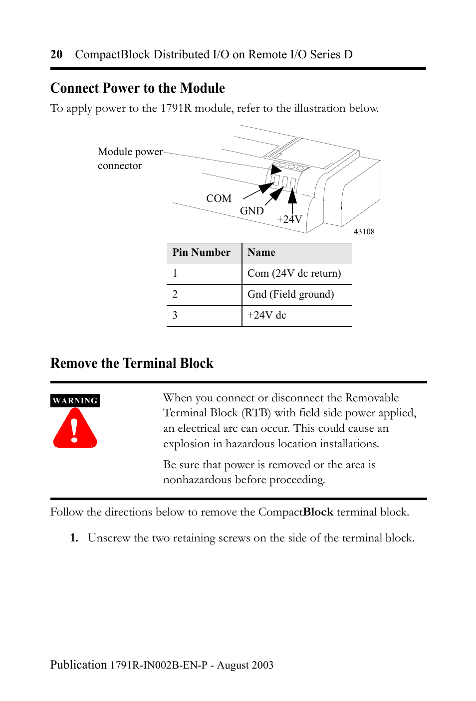 Connect power to the module, Remove the terminal block | Rockwell Automation 1791R-XXXX CompactBlock Distributed I/O on Remote I/O Series D I.I. User Manual | Page 20 / 36