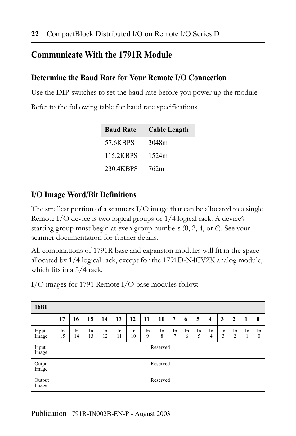 Communicate with the 1791r module, I/o image word/bit definitions | Rockwell Automation 1791R-XXXX CompactBlock Distributed I/O on Remote I/O Series D I.I. User Manual | Page 22 / 36