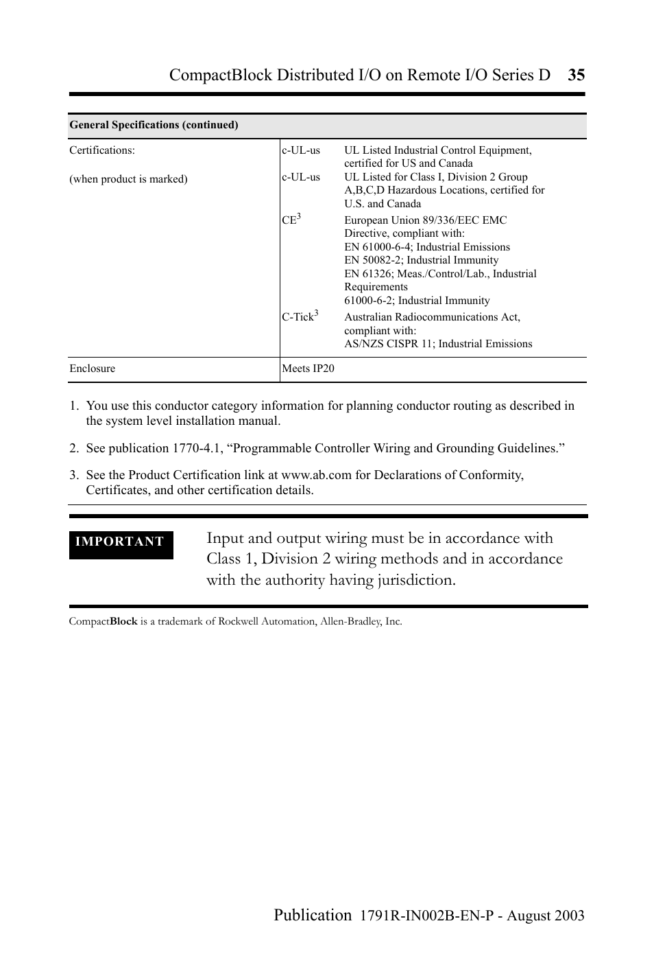 Rockwell Automation 1791R-XXXX CompactBlock Distributed I/O on Remote I/O Series D I.I. User Manual | Page 35 / 36
