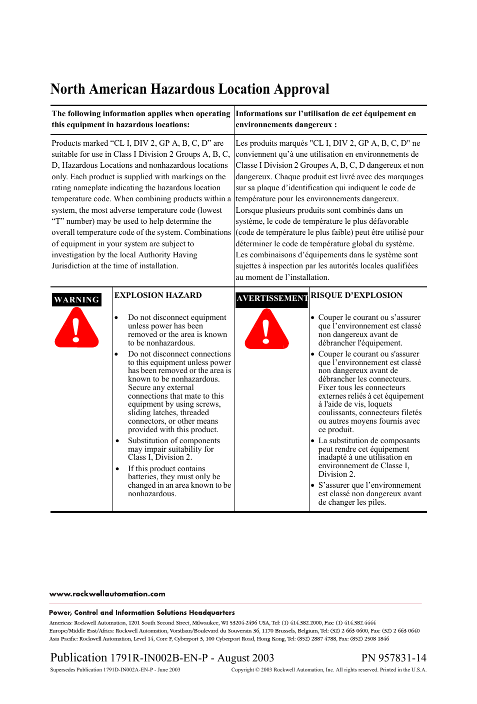 North american hazardous location approval, Back cover, Publication | Rockwell Automation 1791R-XXXX CompactBlock Distributed I/O on Remote I/O Series D I.I. User Manual | Page 36 / 36