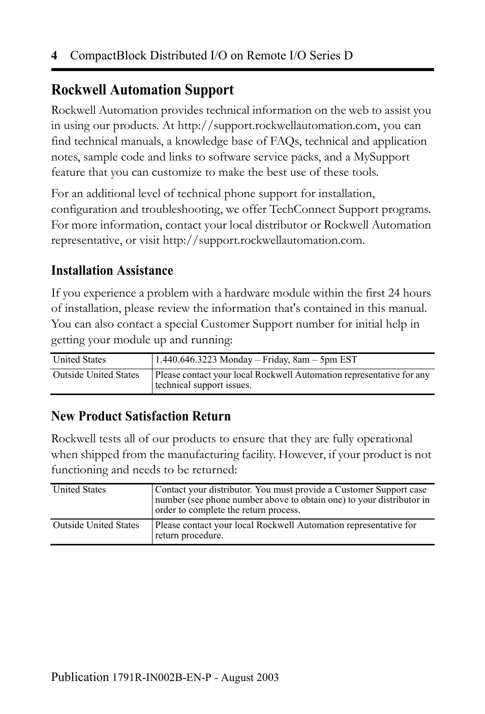 Rockwell automation support, Installation assistance, New product satisfaction return | Rockwell Automation 1791R-XXXX CompactBlock Distributed I/O on Remote I/O Series D I.I. User Manual | Page 4 / 36