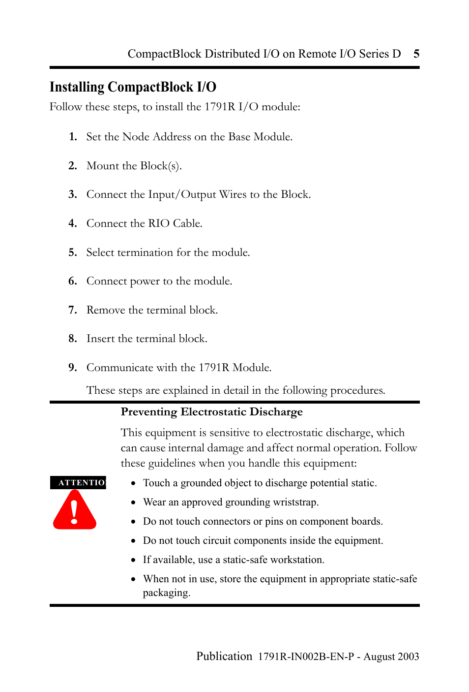 Installing compactblock i/o | Rockwell Automation 1791R-XXXX CompactBlock Distributed I/O on Remote I/O Series D I.I. User Manual | Page 5 / 36