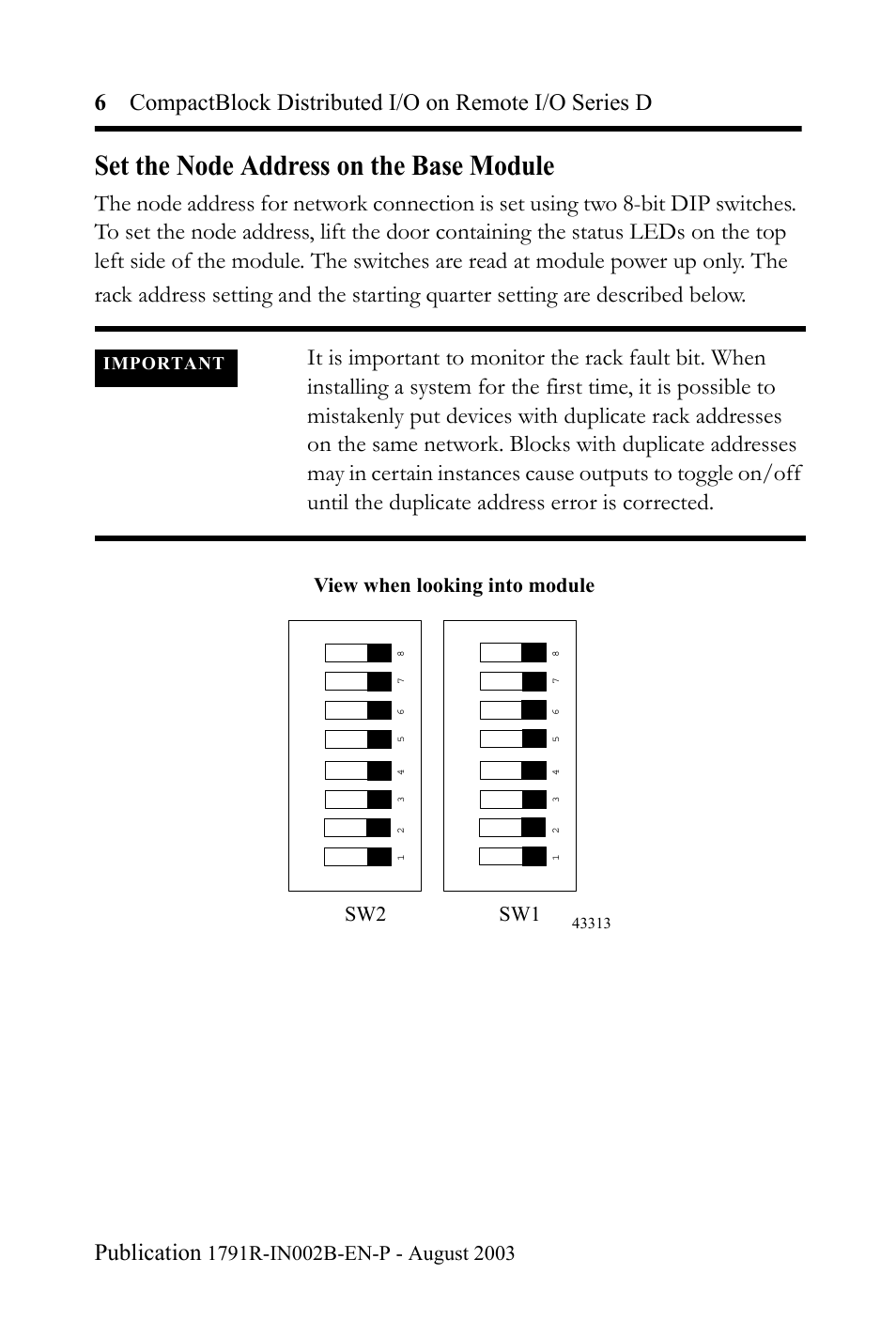 Set the node address on the base module, View when looking into module, Sw2 sw1 | Important | Rockwell Automation 1791R-XXXX CompactBlock Distributed I/O on Remote I/O Series D I.I. User Manual | Page 6 / 36