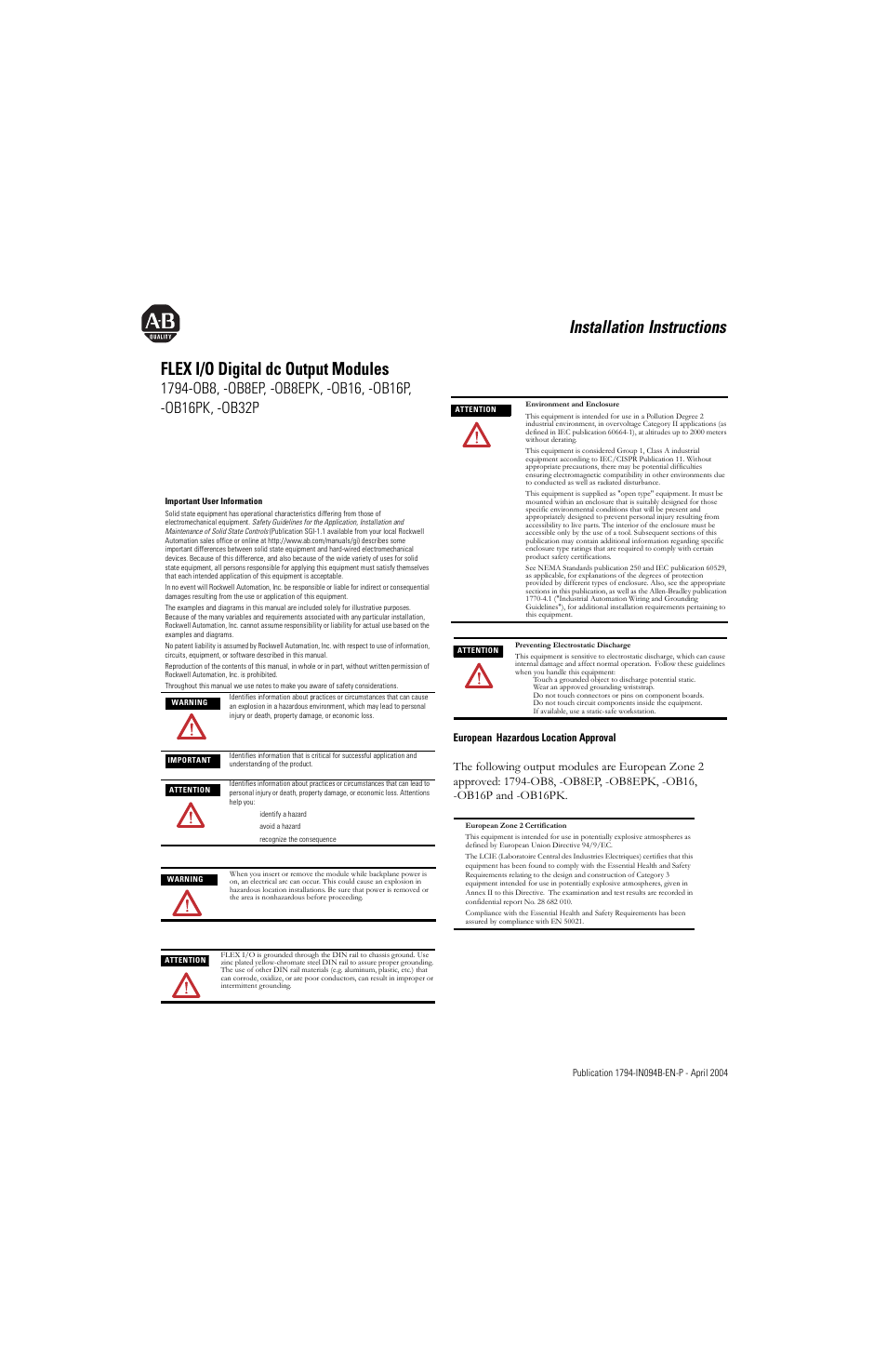 Rockwell Automation 1794-OB8_OB8EP_OB16_OB16P_OB32P Flex I/O Digital DC Sourcing Output Modules Installation Instructions User Manual | 8 pages