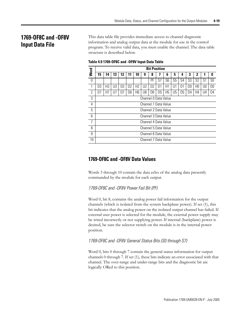 1769-of8c and -of8v input data file, 1769-of8c and -of8v power fail bit (pf), 1769-of8c and -of8v input data file -19 | 1769-of8c and -of8v data values -19 | Rockwell Automation 1769-OF2 Compact I/O Analog Modules User Manual | Page 101 / 184