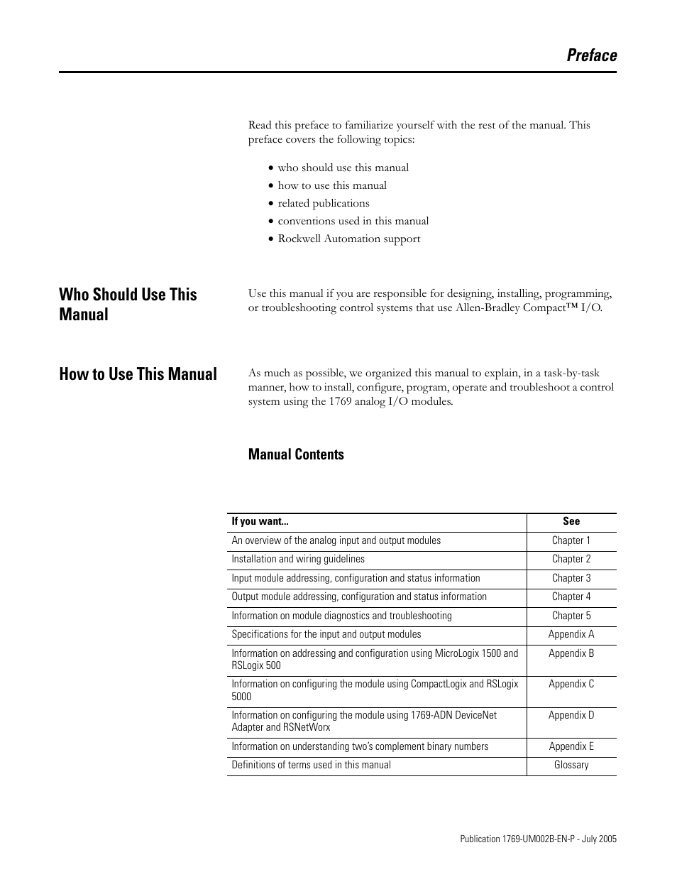 Preface, Who should use this manual, How to use this manual | Manual contents | Rockwell Automation 1769-OF2 Compact I/O Analog Modules User Manual | Page 11 / 184