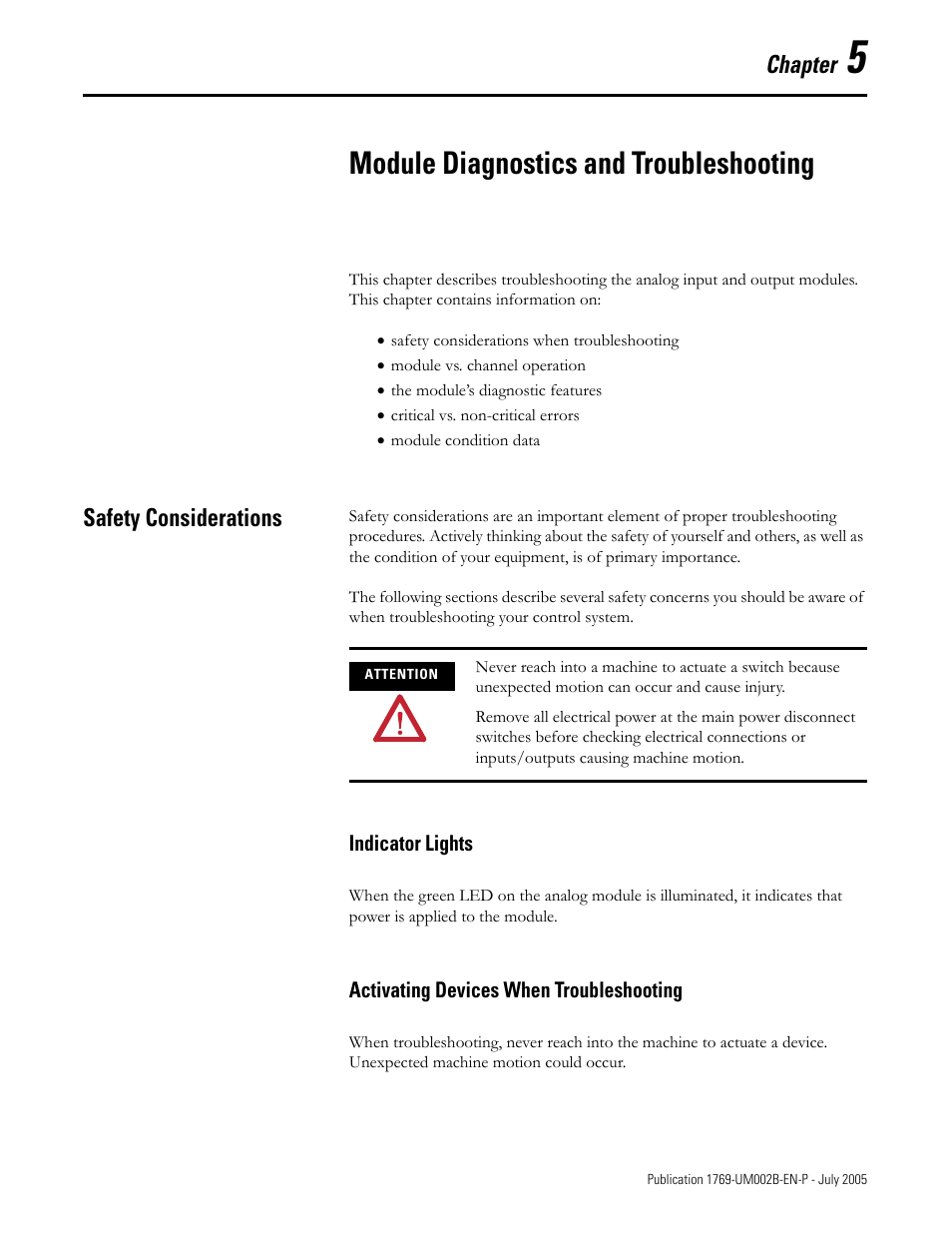 Chapter 5, Module diagnostics and troubleshooting, Safety considerations | Safety considerations -1, Chapter | Rockwell Automation 1769-OF2 Compact I/O Analog Modules User Manual | Page 119 / 184
