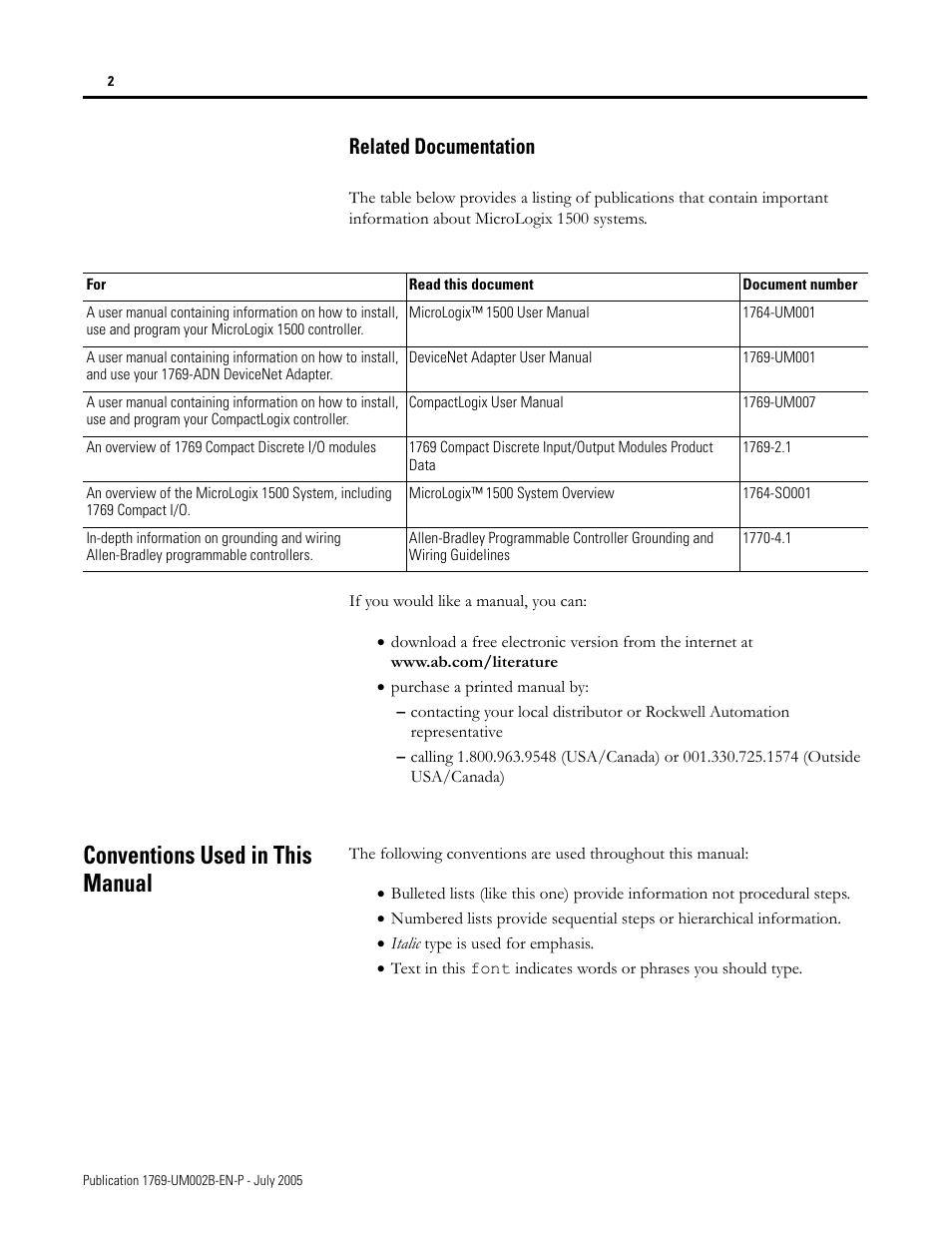 Conventions used in this manual, Related documentation | Rockwell Automation 1769-OF2 Compact I/O Analog Modules User Manual | Page 12 / 184