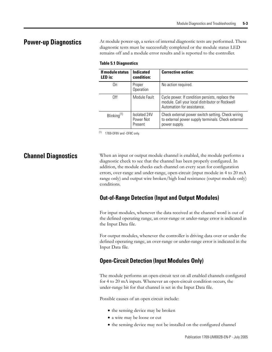 Power-up diagnostics, Channel diagnostics, Power-up diagnostics -3 channel diagnostics -3 | Out-of-range detection (input and o, Open-circuit detection (input modules only), Out-of-range detection (input and output modules) | Rockwell Automation 1769-OF2 Compact I/O Analog Modules User Manual | Page 121 / 184