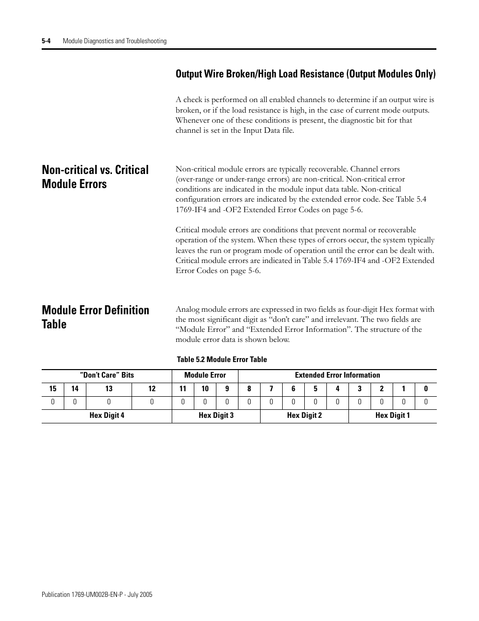 Non-critical vs. critical module errors, Module error definition table | Rockwell Automation 1769-OF2 Compact I/O Analog Modules User Manual | Page 122 / 184
