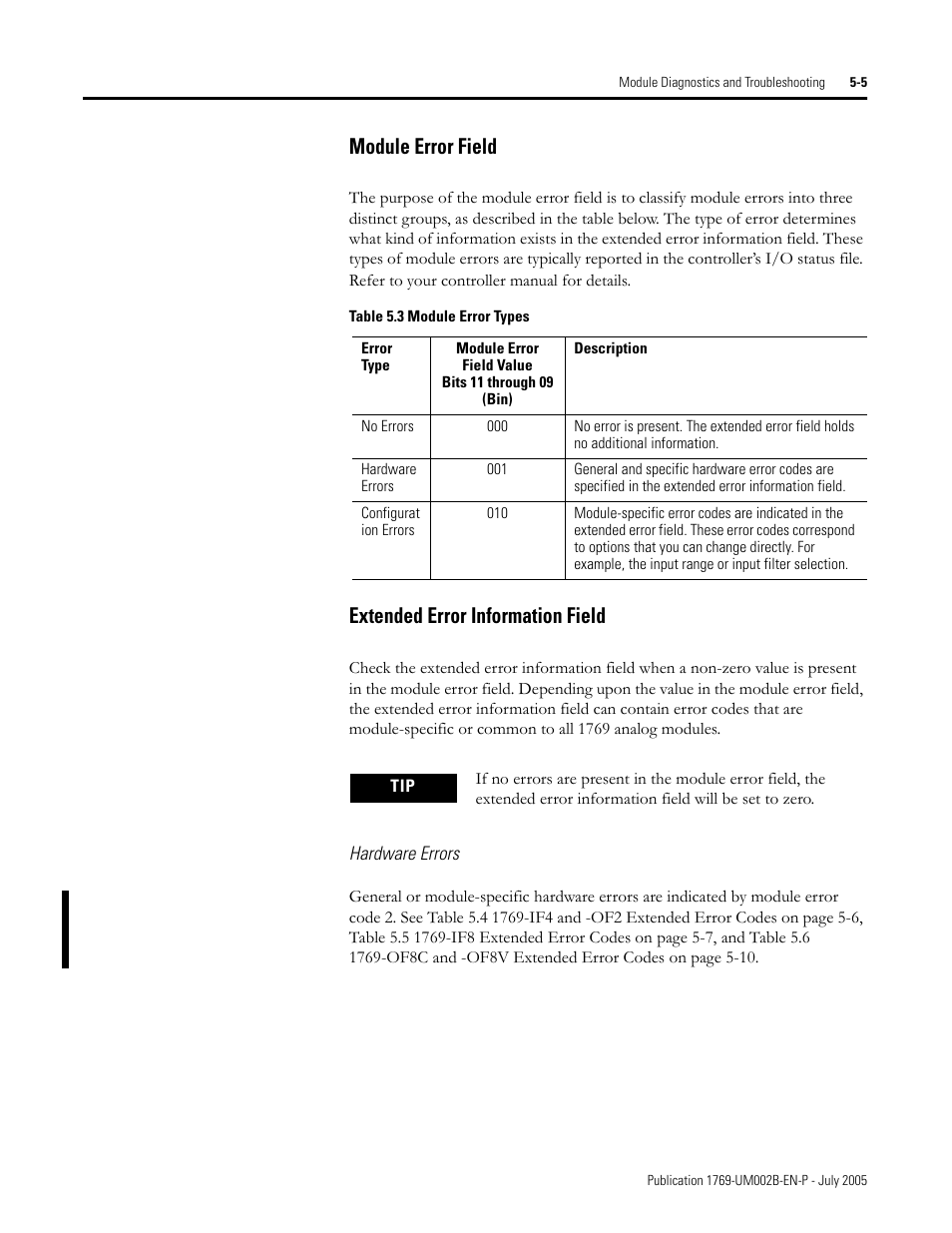 Hardware errors, Module error field, Extended error information field | Rockwell Automation 1769-OF2 Compact I/O Analog Modules User Manual | Page 123 / 184