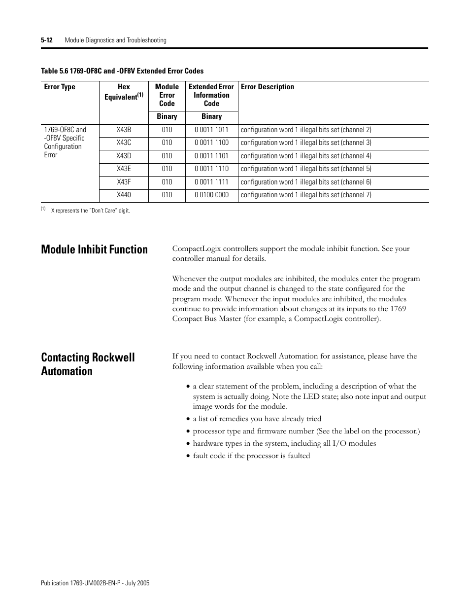 Module inhibit function, Contacting rockwell automation | Rockwell Automation 1769-OF2 Compact I/O Analog Modules User Manual | Page 130 / 184