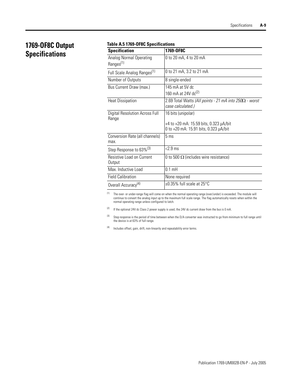 1769-of8c output specifications | Rockwell Automation 1769-OF2 Compact I/O Analog Modules User Manual | Page 139 / 184