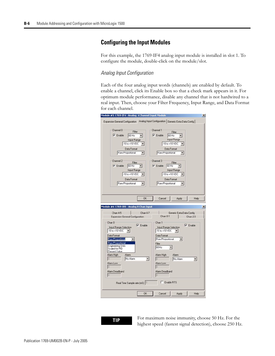 Analog input configuration, Configuring the input modules | Rockwell Automation 1769-OF2 Compact I/O Analog Modules User Manual | Page 148 / 184