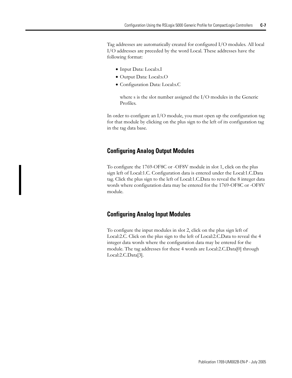 Configuring analog output modules, Configuring analog input modules | Rockwell Automation 1769-OF2 Compact I/O Analog Modules User Manual | Page 159 / 184