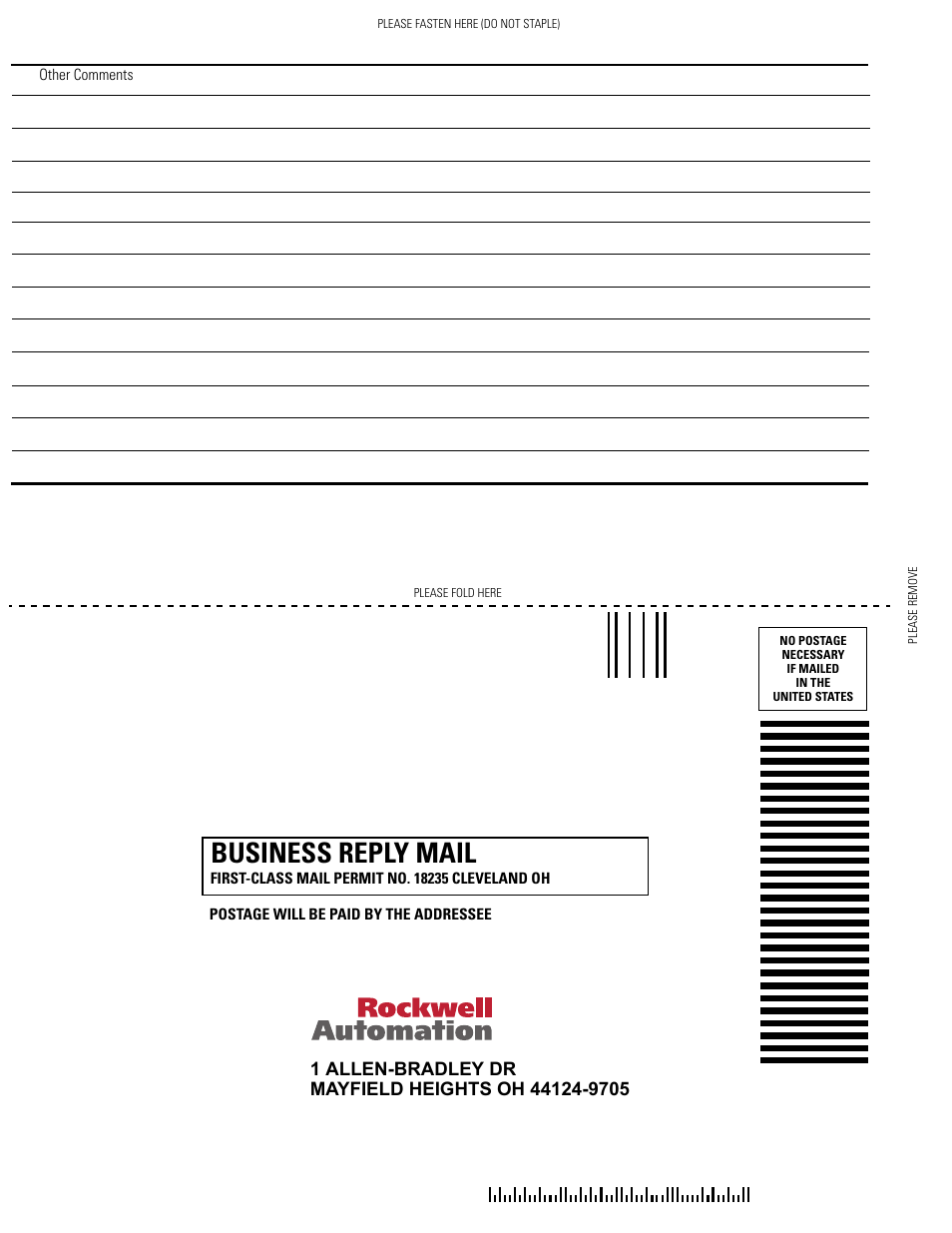 Business reply mail | Rockwell Automation 1769-OF2 Compact I/O Analog Modules User Manual | Page 182 / 184