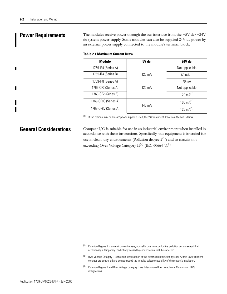 Power requirements, General considerations, Power requirements -2 general considerations -2 | Rockwell Automation 1769-OF2 Compact I/O Analog Modules User Manual | Page 26 / 184