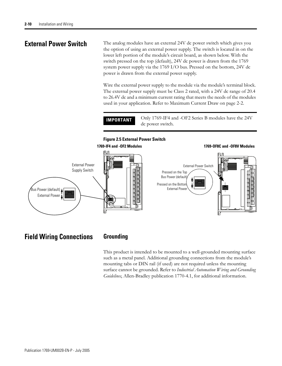 External power switch, Field wiring connections, External power switch -10 | Field wiring connections -10, Grounding -10, Grounding | Rockwell Automation 1769-OF2 Compact I/O Analog Modules User Manual | Page 34 / 184