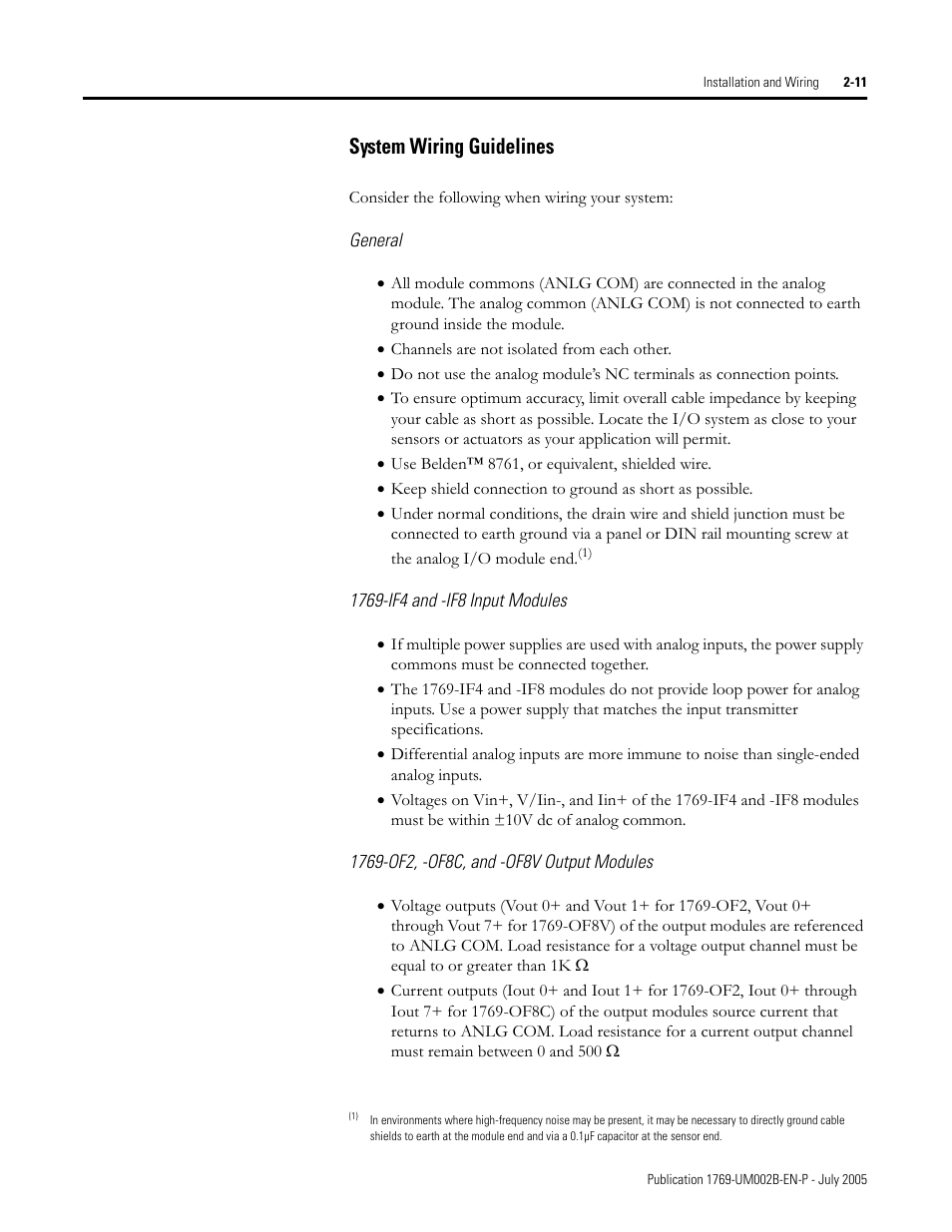 General, 1769-if4 and -if8 input modules, 1769-of2, -of8c, and -of8v output modules | System wiring guidelines -11, System wiring guidelines | Rockwell Automation 1769-OF2 Compact I/O Analog Modules User Manual | Page 35 / 184