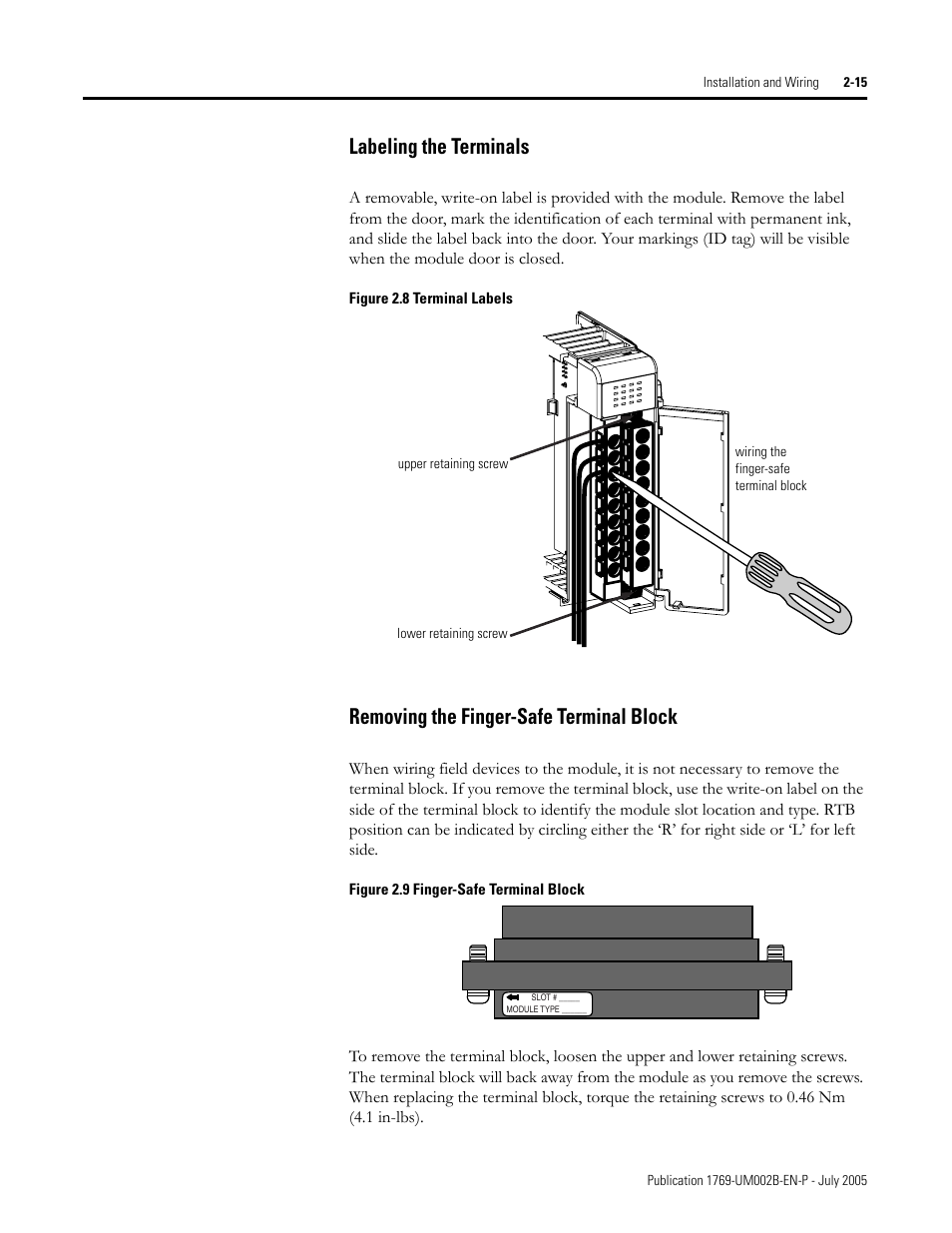Labeling the terminals, Removing the finger-safe terminal block | Rockwell Automation 1769-OF2 Compact I/O Analog Modules User Manual | Page 39 / 184